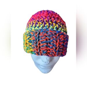 Hand Crafted Multicolor Chunky Knit Beanie - Neon Rainbow